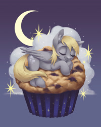 Size: 3187x3984 | Tagged: safe, artist:taytinabelle, derpy hooves, pegasus, pony, g4, chest fluff, cloud, crescent moon, cute, derpabetes, ear fluff, eyes closed, female, food, happy, high res, leg fluff, mare, moon, muffin, on a cloud, prone, sleeping, smiling, solo, stars, sweet dreams fuel