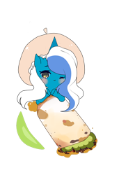 Size: 740x1080 | Tagged: safe, artist:gitsudoptions, oc, oc:fleurbelle, alicorn, pony, adorabelle, alicorn oc, blushing, burrito, burrito blanket, cute, female, food, horn, mare, simple background, solo, transparent background, wings