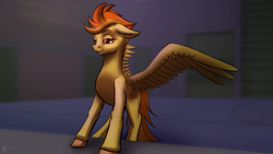 Size: 1920x1080 | Tagged: safe, artist:aterhut, spitfire, pegasus, pony, g4, female, large wings, looking at you, mare, smiling, solo, spread wings, wings