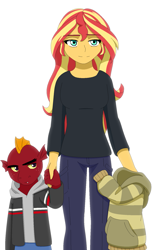 Size: 1215x1875 | Tagged: safe, artist:fantasygerard2000, garble, sunset shimmer, wallflower blush, dragon, human, equestria girls, g4, age regression, alternate universe, clothes, female, headcanon, hoodie, invisible, male, mother, parent, trio, young