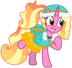 Size: 1127x1059 | Tagged: safe, artist:徐詩珮, luster dawn, pony, unicorn, bubbleverse, series:sprglitemplight diary, series:sprglitemplight life jacket days, series:springshadowdrops diary, series:springshadowdrops life jacket days, g4, adopted offspring, alternate universe, backpack, clothes, everest (paw patrol), eyelashes, female, grin, hat, luster dawn is sprglitemplight's daughter, mare, next generation, paw patrol, raised hoof, simple background, smiling, solo, story included, transparent background