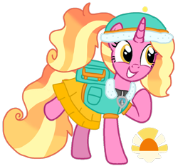 Size: 1140x1067 | Tagged: safe, alternate version, artist:徐詩珮, luster dawn, pony, unicorn, bubbleverse, series:sprglitemplight diary, series:sprglitemplight life jacket days, series:springshadowdrops diary, series:springshadowdrops life jacket days, g4, adopted offspring, alternate universe, backpack, clothes, cutie mark, dress, everest (paw patrol), eyelashes, female, grin, hat, luster dawn is sprglitemplight's daughter, mare, next generation, paw patrol, raised hoof, simple background, smiling, story included, transparent background