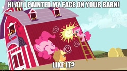 Size: 884x500 | Tagged: safe, artist:mlpfan3991, edit, edited screencap, screencap, applejack, pinkie pie, earth pony, pony, a friend in deed, g4, barn, caption, duo, female, image macro, mare, mouth hold, paintbrush, smile song, text