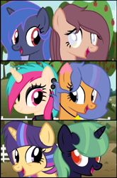 Size: 1008x1528 | Tagged: safe, artist:lightningsparkle95, oc, oc only, oc:kittypaint, oc:lightning sparkle, pony, apple, apple tree, female, fence, grass, looking at each other, mare, road, sky, smiling, tree