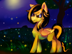 Size: 1400x1050 | Tagged: safe, artist:lightningchaserarts, oc, oc only, oc:lightningchaser, firefly (insect), insect, pegasus, pony, blank flank, female, field, filly, foal, moon, night, silly filly, tree