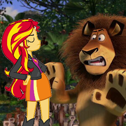 Size: 300x300 | Tagged: safe, edit, edited screencap, screencap, sunset shimmer, big cat, human, lemur, lion, equestria girls, g4, 1000 hours in ms paint, alex the lion, clothes, female, madagascar (dreamworks), male