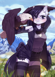 Size: 2480x3508 | Tagged: safe, artist:etiv, oc, oc only, oc:lodey darkshine, bird, eagle, earth pony, anthro, anthro oc, belt, clothes, ear fluff, ear piercing, earring, eyeshadow, female, hair over one eye, high res, jacket, jewelry, looking at you, makeup, mare, piercing, scarf, shorts, socks, solo, striped stockings, thigh highs, ych result