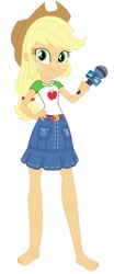 Size: 373x899 | Tagged: safe, artist:marcorulezzz, edit, editor:thomasfan45, applejack, human, best in show: the pre-show, equestria girls, equestria girls series, g4, spoiler:eqg series (season 2), applejack's hat, barefoot, belt, clothes, cowboy hat, cute, denim skirt, feet, female, freckles, hand on hip, hat, jackabetes, legs, looking at you, microphone, ponytail, shirt, simple background, skirt, smiling, solo, vector, white background