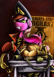 Size: 1060x1500 | Tagged: safe, artist:jamescorck, cheerilee, scootaloo, earth pony, pegasus, pony, g4, angry, bolter, chainsword, clothes, commissar, cute, cutealoo, desk, female, filly, floppy ears, gritted teeth, guardsmare, gun, hat, imperial guard, laser gun, lasgun, mare, poster, royal guard, sleeping, sword, this will end in death, this will end in tears, this will end in tears and/or death, uniform, warhammer (game), warhammer 40k, weapon