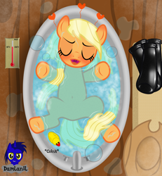 Size: 3840x4154 | Tagged: safe, artist:damlanil, applejack, earth pony, pony, g4, bath, bathtub, belly button, blushing, boots, bubble, bubble bath, clothes, cowboy hat, eyes closed, female, happy, hat, heart, hot tub, hot water, latex, latex boots, mare, on back, open mouth, puddle, relaxing, rubber, rubber duck, sexy, shampoo, shiny, shoes, smiling, socks, solo, tap, thermometer, underhoof, vector, water, wet, wet mane