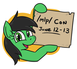 Size: 722x653 | Tagged: safe, artist:jargon scott, oc, oc only, oc:filly anon, earth pony, pony, /mlp/, /mlp/ con, 4chan, bust, cardboard, female, filly, looking at you, solo, text