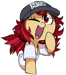 Size: 903x1026 | Tagged: safe, artist:whydomenhavenipples, oc, oc only, oc:conpone, earth pony, pony, /mlp/ con, 4chan, clothes, cute, hat, looking at you, shirt, simple background, solo, transparent background
