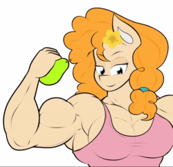 Size: 856x824 | Tagged: safe, artist:calm wind, artist:matchstickman, pear butter, earth pony, anthro, g4, abs, animated, biceps, clothes, dialogue, female, flexing, food, frame by frame, fruit, grin, looking at you, matchstickman's pear buffer series, muscles, one eye closed, pear, pear buffer, pecs, shirt, simple background, sleeveless, sleeveless shirt, smiling, solo, sound, triceps, vein bulge, webm, white background, wink