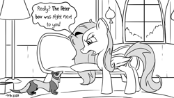 Size: 1200x675 | Tagged: safe, artist:pony-berserker, fluttershy, ferret, pegasus, pony, pony-berserker's twitter sketches, g4, angry, animal, female, fluttershy is not amused, halftone, lamp, mare, monochrome, speech bubble, toilet humor, unamused, window, yelling