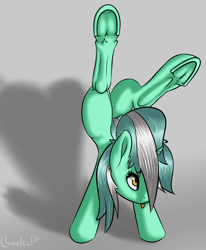 Size: 1388x1688 | Tagged: safe, artist:llametsul, lyra heartstrings, pony, unicorn, g4, :p, atg 2020, butt, female, frog (hoof), handstand, looking up, mare, newbie artist training grounds, plot, shadow, solo, tail, tongue out, underhoof, upside down