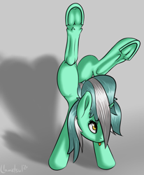 Size: 1388x1688 | Tagged: safe, artist:llametsul, lyra heartstrings, pony, unicorn, g4, :p, atg 2020, butt, female, frog (hoof), handstand, hoofbutt, looking up, mare, newbie artist training grounds, plot, shadow, solo, tail, thin, tongue out, underhoof, upside down