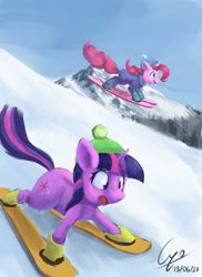 Size: 1000x1373 | Tagged: safe, artist:cyonixcymatro, pinkie pie, twilight sparkle, earth pony, pony, unicorn, g4, atg 2020, beanie, clothes, duo, female, hat, jacket, mare, mountain, newbie artist training grounds, open mouth, panic, skiing, skis, snow, this will end in pain, this will not end well, toque, unicorn twilight, winter outfit