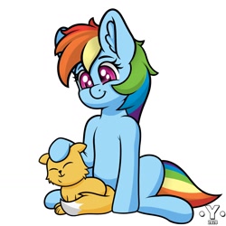 Size: 1980x1980 | Tagged: safe, artist:yelowcrom, rainbow dash, cat, pegasus, pony, g4, atg 2020, ear fluff, female, mare, newbie artist training grounds, petting, simple background, white background
