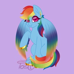 Size: 1024x1024 | Tagged: safe, artist:tosh03x, rainbow dash, original species, pegasus, pony, g4, accessory, art, art work, blue, clothes, colored, colored wings, cute, ear piercing, earring, female, flat colors, full body, gold, jewelry, multicolored wings, piercing, purple background, rainbow, rainbow wings, simple background, solo, wings