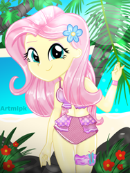Size: 1800x2400 | Tagged: safe, artist:artmlpk, fluttershy, equestria girls, g4, adorable face, adorasexy, adorkable, beach, beautiful, bikini, bracelet, clothes, cute, digital art, dork, female, flower, flower in hair, jewelry, looking at you, ocean, outfit, palm tree, plant, rock, sand, scrunchie, sexy, shyabetes, smiling, smiling at you, solo, sunflare, swimsuit, tree, watermark