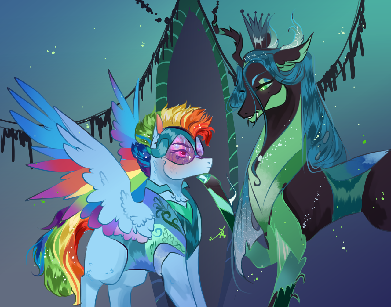 2373879 Safe Artistbunnari Queen Chrysalis Rainbow Dash