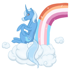 Size: 2610x2646 | Tagged: safe, alternate version, artist:laroisbeaute, trixie, pony, unicorn, g4, cloud, commission, female, gender headcanon, high res, lesbian pride flag, mare, pride, pride flag, rainbow, simple background, sitting, solo, trans female, trans trixie, transgender, transgender pride flag, transparent background, ych result