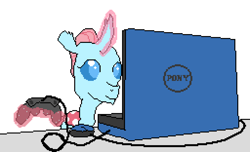 Size: 768x468 | Tagged: safe, artist:derek the metagamer, ocellus, changedling, changeling, g4, aseprite, computer, computer mouse, controller, desk, female, gamer, gamer ocellus, laptop computer, newbie artist training grounds, pixel art, pony (sony), simple background, solo, white background