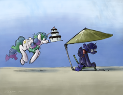 Size: 3300x2550 | Tagged: safe, artist:rigbyh00ves, princess celestia, princess luna, alicorn, pony, g4, alternate hairstyle, beach, beach chair, beach umbrella, cake, cakelestia, chair, clothes, duo, female, folded wings, food, high res, luna is not amused, mare, mood contrast, mouth hold, outdoors, prancing, royal sisters, shirt, siblings, sisters, sitting, smiling, unamused, vacation, varying degrees of amusement, wings