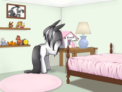 Size: 1600x1200 | Tagged: safe, artist:causticeichor, oc, oc:inkenel, oc:oretha, eevee, pony, bed, bedroom, comic, dollhouse, giant pony, giant/tiny, knocking, ladder, macro, male, miles "tails" prower, picture, plushie, pokémon, sonic the hedgehog, sonic the hedgehog (series)
