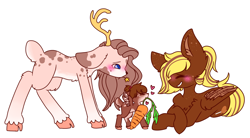 Size: 1398x771 | Tagged: safe, oc, oc:capricot, oc:caramel hearts, oc:lilly melon, deer, deer pony, original species, pegasus, peryton, pony, antlers, blushing, body markings, carrot, female, filly, flower, food, simple background, white background