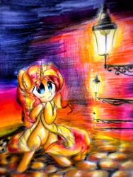 Size: 1920x2560 | Tagged: safe, artist:stardust0130, sunset shimmer, pony, unicorn, g4, bipedal, blushing, clothes, ear fluff, female, mare, night, no pupils, open mouth, outdoors, scarf, solo, street, street lamp, traditional art