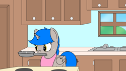 Size: 1920x1080 | Tagged: safe, artist:spritepony, oc, oc only, oc:sprite, alicorn, pony, alicorn oc, apron, clothes, cooking, horn, kitchen, mouth hold, newbie artist training grounds, pan, solo, stove, wings