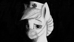 Size: 1280x720 | Tagged: safe, artist:phutashi, nurse redheart, earth pony, pony, g4, bust, face mask, female, lidded eyes, looking at you, mare, portrait, ppe, solo, three quarter view, traditional art