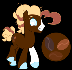 Size: 3912x3800 | Tagged: safe, artist:jackie-sheepwitch, oc, oc only, oc:coffee bean, earth pony, pony, base used, black background, earth pony oc, high res, hoof polish, male, messy mane, next generation, offspring, parent:cheese sandwich, parent:pinkie pie, parents:cheesepie, reference sheet, simple background, smiling, solo, stallion