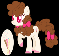 Size: 2128x2016 | Tagged: safe, artist:jackie-sheepwitch, oc, oc only, earth pony, pony, base used, black background, bow, earth pony oc, hair bow, high res, hoof polish, messy mane, next generation, offspring, parent:cheese sandwich, parent:pinkie pie, parents:cheesepie, reference sheet, simple background, smiling, solo, tail bow