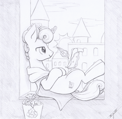 Size: 2300x2250 | Tagged: safe, artist:xeviousgreenii, oc, oc only, oc:ginger mint, pony, unicorn, atg 2020, high res, magic, male, monochrome, newbie artist training grounds, quill, solo, stallion, traditional art