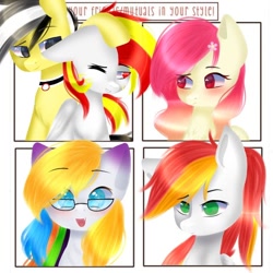 Size: 768x768 | Tagged: safe, artist:speedyflashh, oc, oc only, earth pony, pegasus, pony, :p, blushing, bust, choker, earth pony oc, eyebrows, eyebrows visible through hair, flower, flower in hair, glasses, multicolored hair, one eye closed, pegasus oc, rainbow hair, tongue out, wings, wink