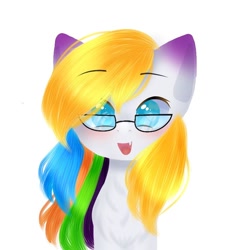 Size: 768x768 | Tagged: safe, alternate version, artist:speedyflashh, oc, oc only, earth pony, pony, :p, blushing, bust, earth pony oc, eyebrows, eyebrows visible through hair, glasses, multicolored hair, rainbow hair, simple background, solo, tongue out, white background