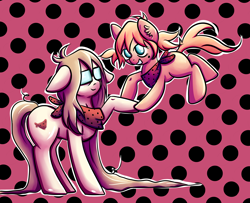 Size: 5210x4224 | Tagged: safe, artist:coco-drillo, oc, oc:cocodrillo, earth pony, pony, bags under eyes, beauty mark, clothes, colorful, duality, ear fluff, female, filly, floating, floppy ears, glasses, happy, long mane, looking at each other, looking up, messy mane, natg2020, newbie artist training grounds, outline, pigtails, polka dots, raised hoof, scarf, simple background, smiling