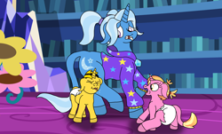 Size: 5030x3030 | Tagged: safe, artist:estories, artist:small-brooke1998, gameloft, luster dawn, trixie, pony, unicorn, g4, alternate hairstyle, babysitter trixie, bumblebee (transformers), clothes, diaper, eyes closed, gameloft interpretation, hoodie, leonine tail, ponified, raspberry, tongue out, transformers, younger