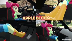Size: 1280x720 | Tagged: safe, artist:marshmallowbfpony, apple bloom, applejack, equestria girls, g4, 3d, boots, car, clothes, female, grand theft auto, jeans, legs, pants, pedal, pictures of legs, scared, seat, shirt, shoes, siblings, sisters, source filmmaker, steering wheel, story included