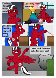 Size: 2167x3030 | Tagged: safe, artist:small-brooke1998, oc, oc only, pegasus, pony, comic, high res, ponified, shatter (transformers), solo, toothbrush, transformers, trash bag