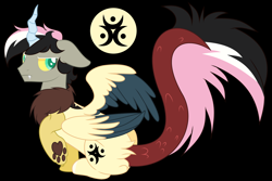 Size: 5768x3864 | Tagged: safe, artist:jackie-sheepwitch, oc, oc only, oc:disarray, draconequus, hybrid, black background, draconequus oc, frown, horn, interspecies offspring, offspring, parent:discord, parent:fluttershy, parents:discoshy, reference sheet, simple background, solo, wings