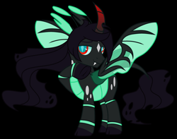 Size: 3464x2736 | Tagged: safe, artist:jackie-sheepwitch, oc, oc only, changeling, changeling queen, pony, base used, black background, changeling queen oc, curved horn, green changeling, high res, horn, leonine tail, parents:sombralis, raised hoof, reference sheet, simple background, solo