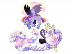 Size: 1280x960 | Tagged: safe, artist:mylittlegami, oc, oc only, oc:mild glow, oc:suave, draconequus, hybrid, pegasus, pony, duo, female, interspecies offspring, magical lesbian spawn, mare, offspring, parent:derpy hooves, parent:discord, parent:princess cadance, parent:twilight sparkle, parents:discodance, parents:twerpy, simple background, white background