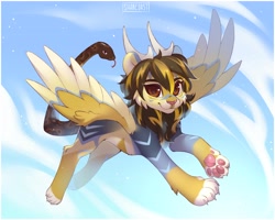 Size: 4096x3277 | Tagged: safe, artist:share dast, oc, oc only, oc:lightning chaser, chimera, manticore, python, snake, ball python, cloud, colored wings, commission, flying, furry, looking at you, markings, multicolored body, multicolored wings, paw pads, paws, sky, solo, wings