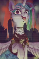 Size: 1280x1920 | Tagged: safe, artist:violettacamak, princess celestia, alicorn, pony, g4, clothes, ear piercing, earring, female, jewelry, mare, open mouth, piercing, punklestia, solo, tongue out, tongue piercing