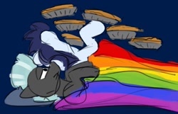 Size: 1405x907 | Tagged: safe, artist:hyper dash, soarin', thunderlane, pegasus, pony, g4, ah yes me my girlfriend and her x, colored sketch, food, gay, gay pride flag, male, meme, pie, pillow, pride, pride flag, rainbow, shipping, sketch, sleeping, soarilane, stallion, that pony sure does love pies