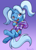 Size: 3728x5192 | Tagged: safe, artist:moonseeker, trixie, pony, unicorn, g4, alternate hairstyle, babysitter trixie, blue eyelashes, clothes, colored eyelashes, female, hoodie, open mouth, pigtails, purple background, simple background, solo, underhoof