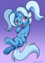 Size: 3728x5192 | Tagged: safe, alternate version, artist:moonseeker, trixie, pony, unicorn, g4, alternate hairstyle, babysitter trixie, female, open mouth, purple background, simple background, solo